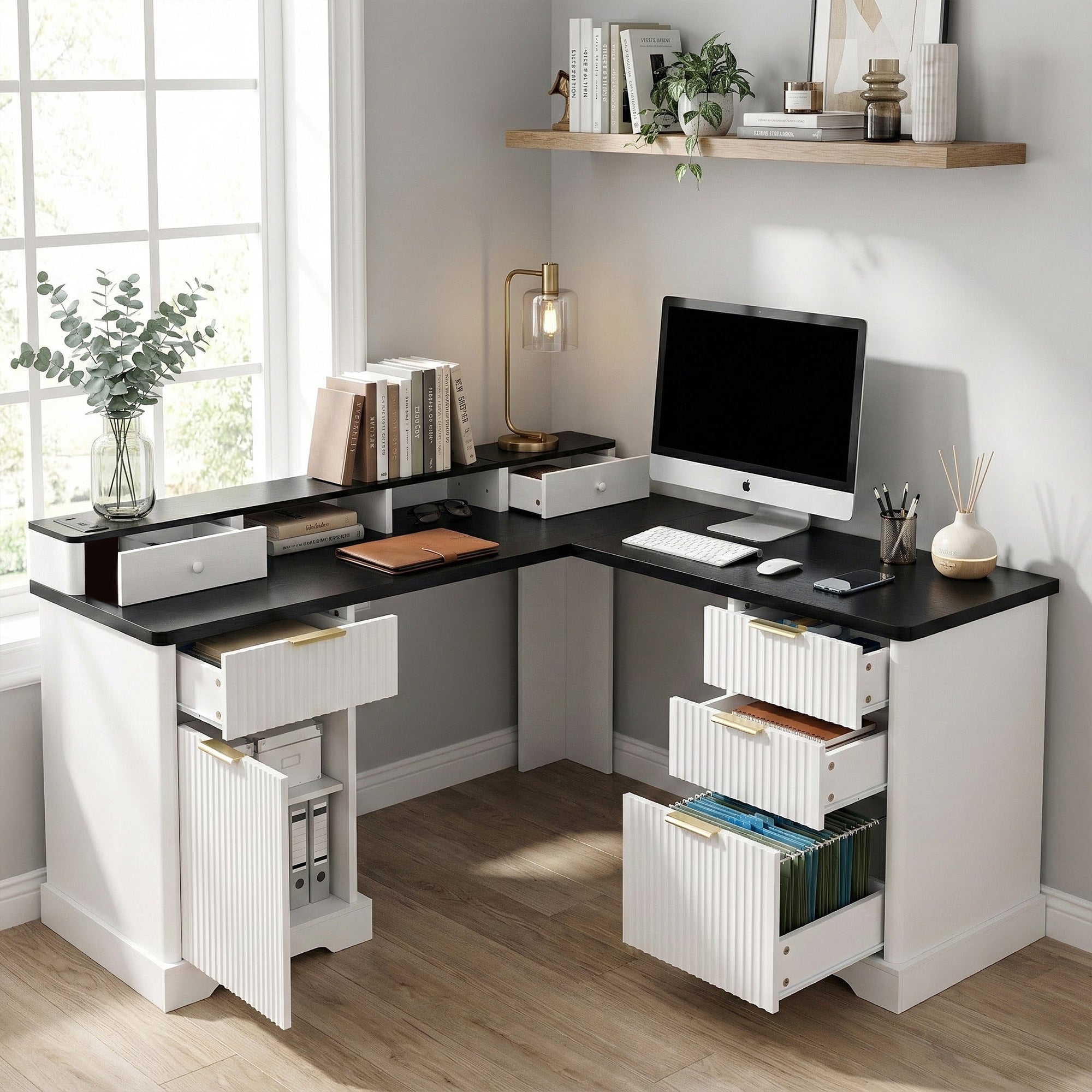 Modern Fluted L-Shaped Desk with Charging Station
