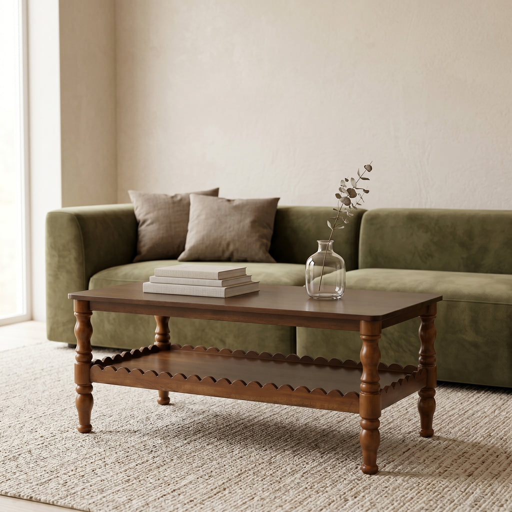 Rectangle Coffee Table Solid Wood Coffee Table with Storage Shelf,Farmhouse 2-Tier Center Table Lacquered Classical Legs,Easy Assembly Apartment Center Sofa Table  for Living Room