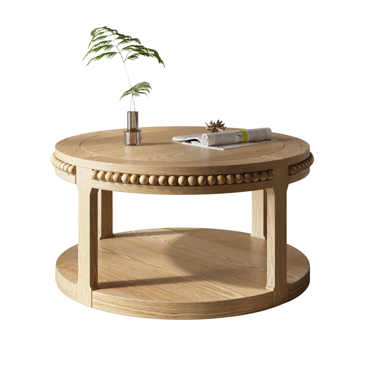 Round Solid Wood Coffee Table, 31.5 Inch, Two-Tier, Natural Wood