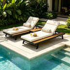 Black Iron + Teak Finish Outdoor Chaise Lounge Set