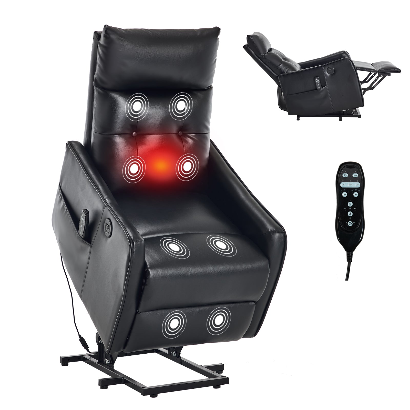 Black PU Single Motor Power Lift Recliner Chair with Massage and Heat