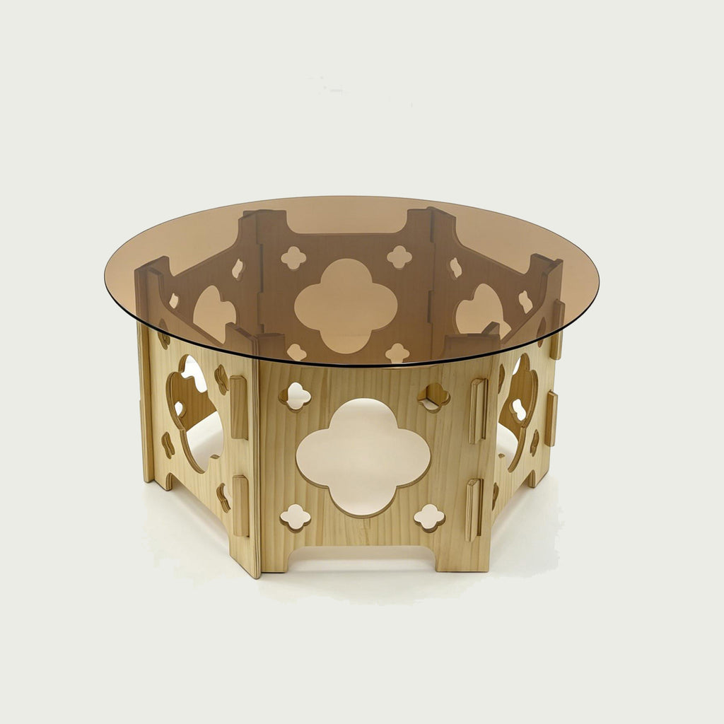 31.1-Inch Round Tempered Glass Coffee Table, Natural Wood and Caramel
