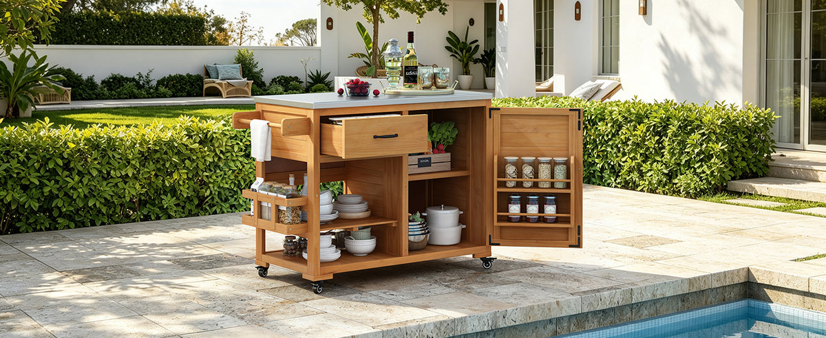 TOPMAX 43.3-Inch Outdoor Kitchen Island, Solid Fir Wood Grill Cart with Stainless Steel Top, Natural