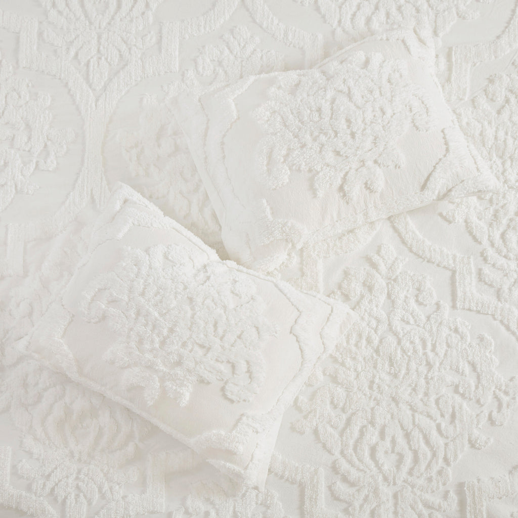 3 Piece Tufted Cotton Chenille Damask Comforter Set
