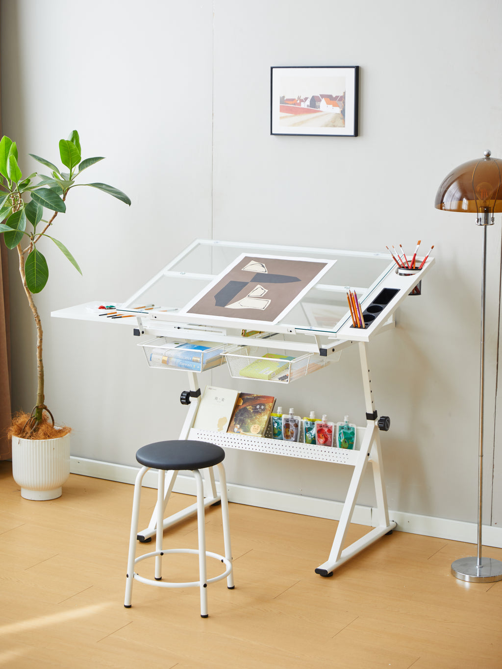 White Adjustable Tempered Glass Drafting Table with Chair