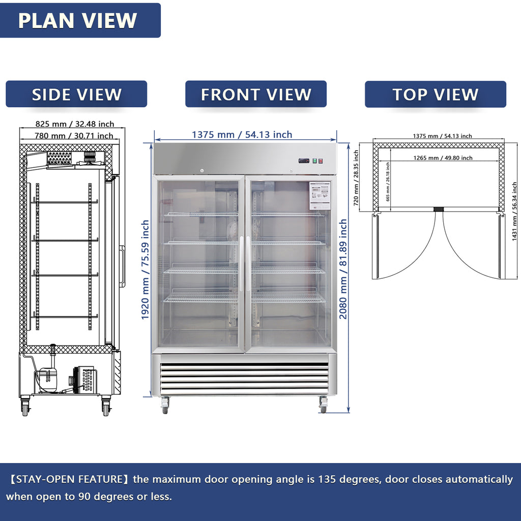 54"W Commercial Refrigerator with Glass Doors