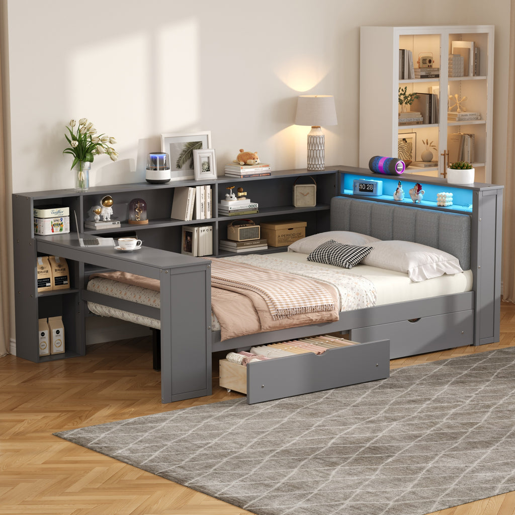 Wood Full Size Platform Bed with Storage Shelves and Charging Station