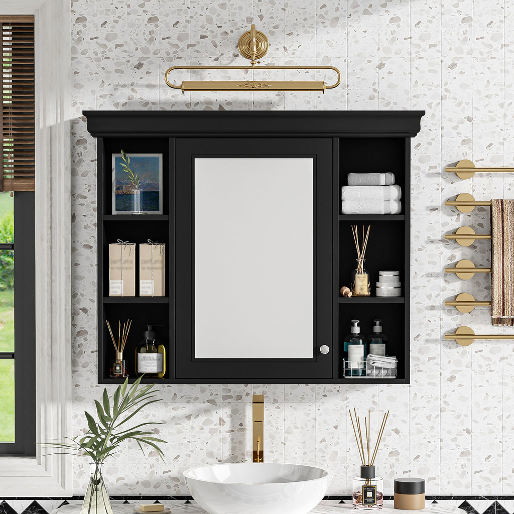 35'' x 28'' Black Wall Mounted Bathroom Storage Cabinet with Mirror Door