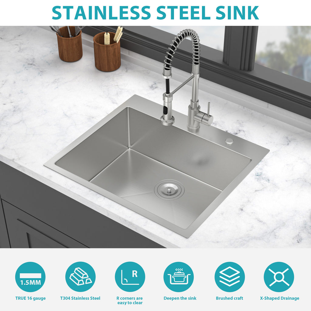 25" Single Bowl Drop In Kitchen Sink
