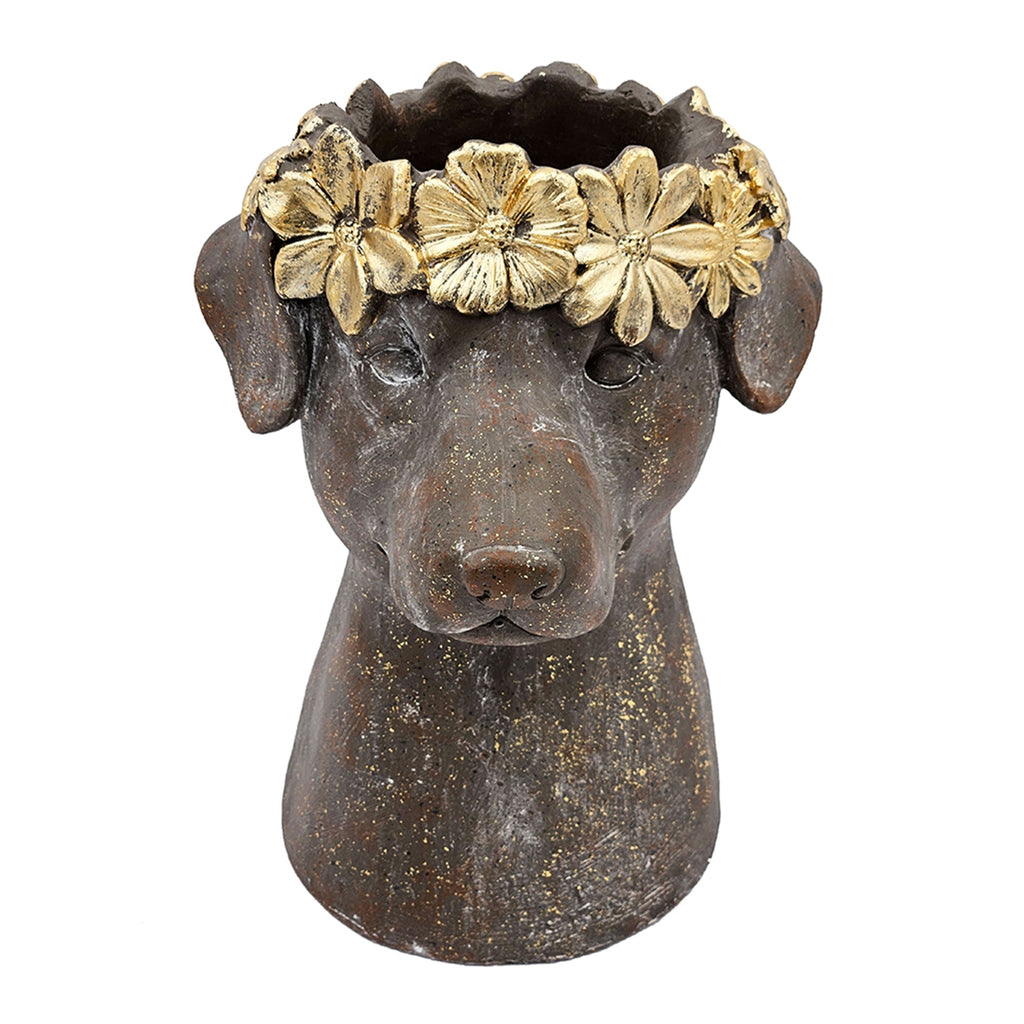 Magnesium Dog Statue Planter, 9.3 x 13 Inches, Brown with Gold Leaf Crown