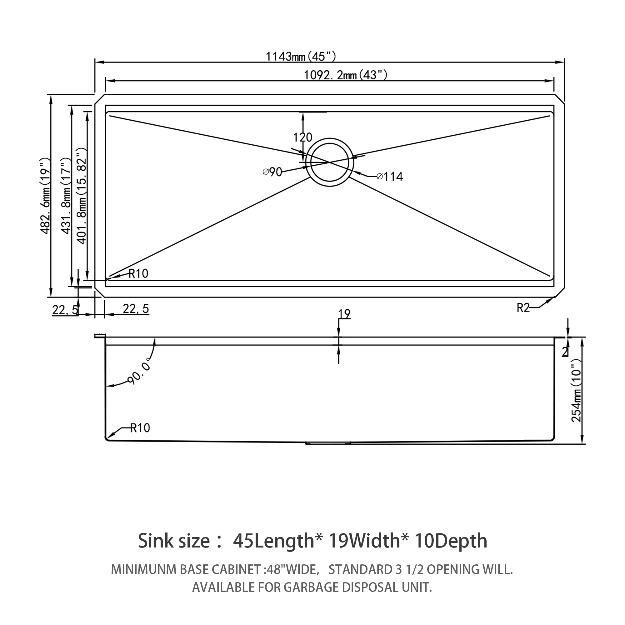 45 x 19 x 10 Inch Single Bowl Undermount Workstation Kitchen Sink