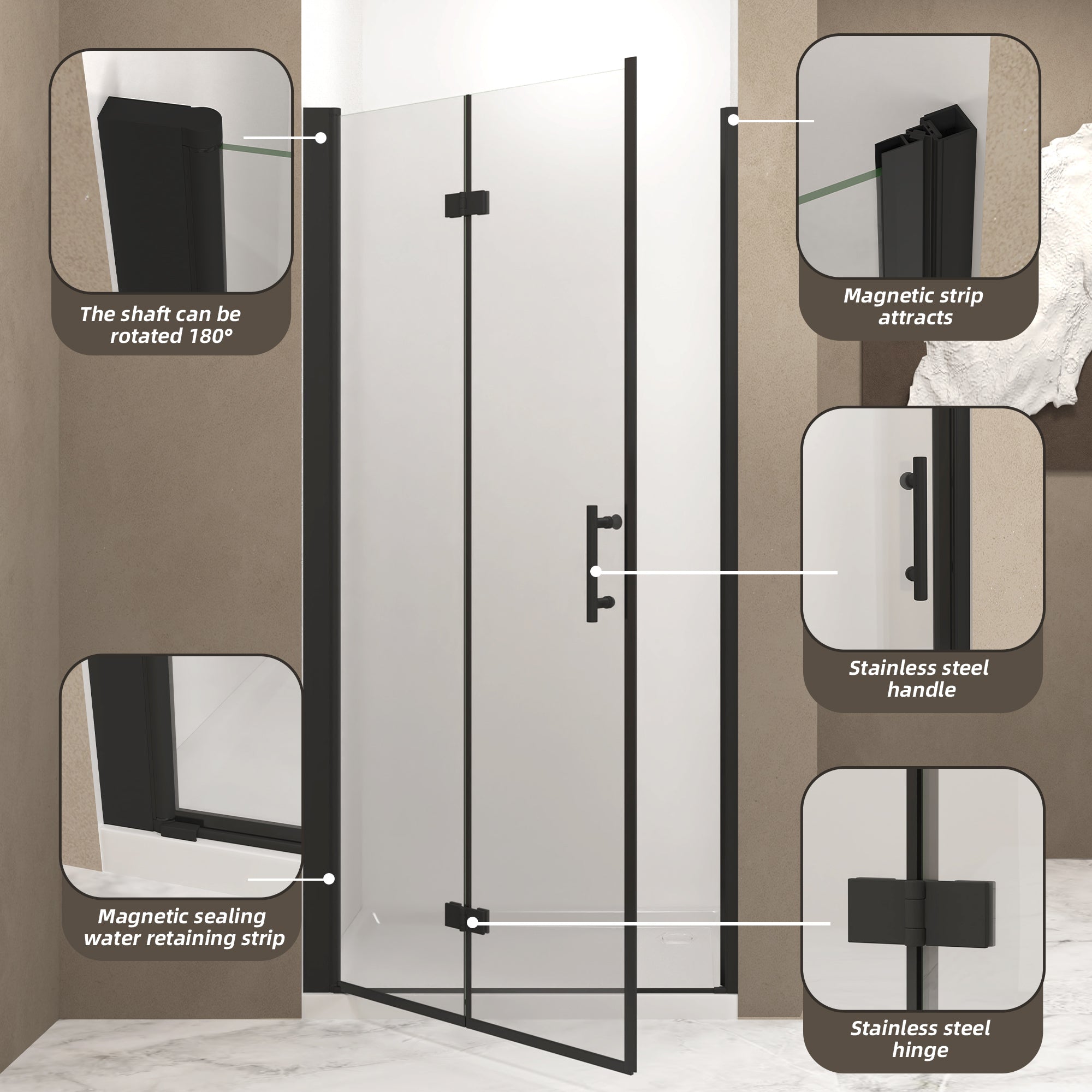 36"x72" Bifold Shower Door, 1/4" Tempered Glass, Matte