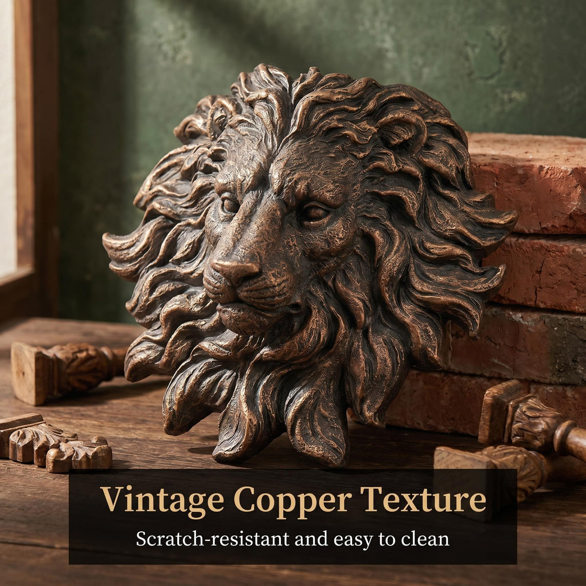 Antique Bronze Lion Head Wall Fountain Spout, 19'' Resin Vintage Lion Bust Wall Mount Water Feature Ornament, Weatherproof Lion Head Water Sprayer for Garden Patio Backyard Pool Wall Decor