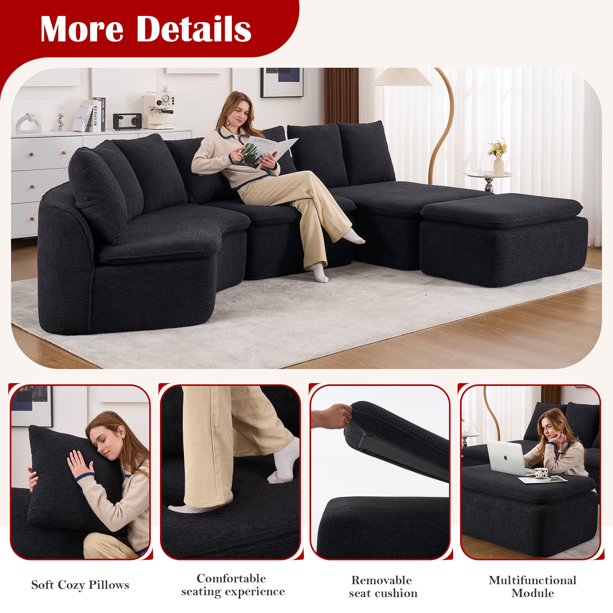 133" Modular U-Shaped Sectional Compression Sofa