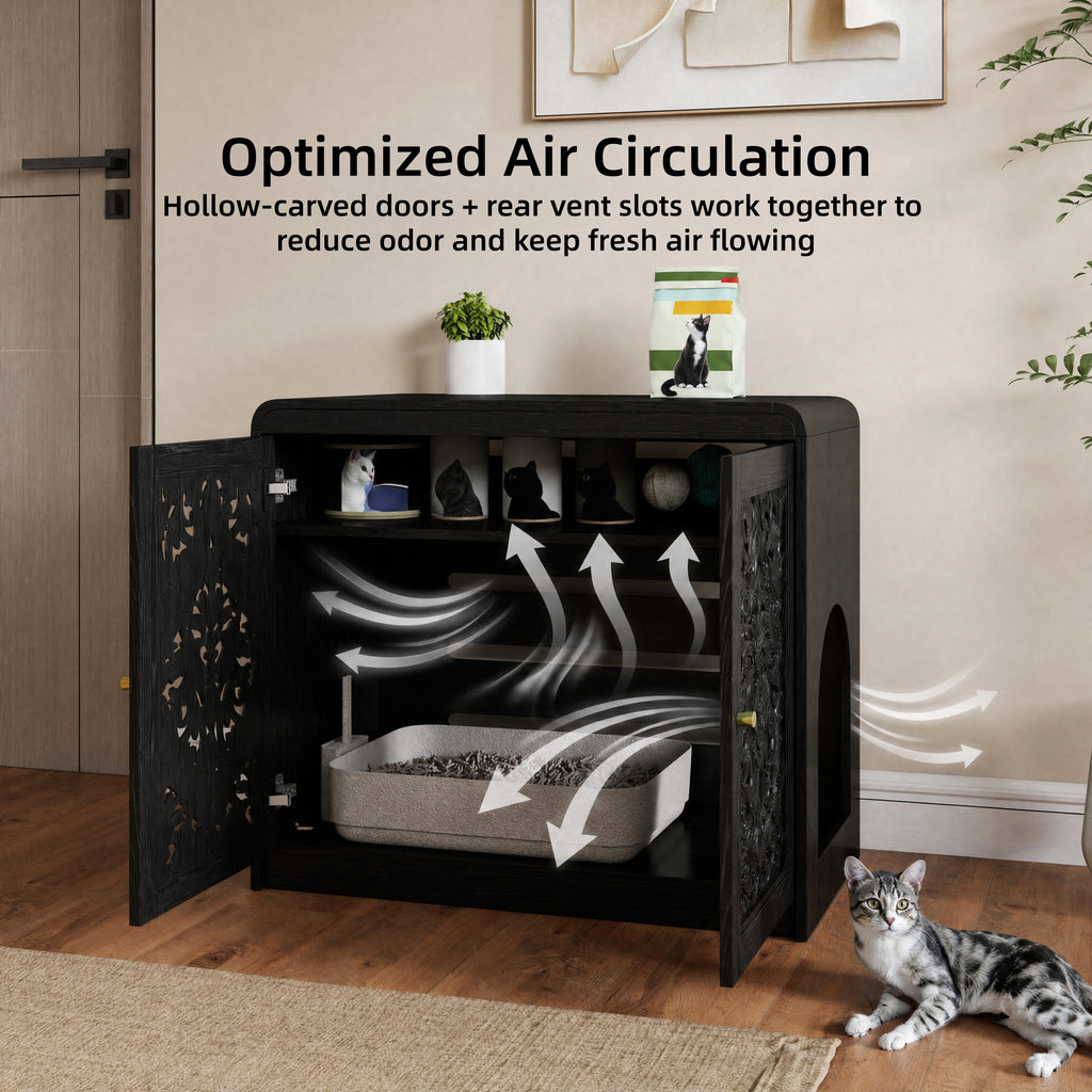 Black Hollow‑Carved Cat Litter Box Enclosure Cabinet, Multi‑Purpose Sideboard with Vent & Large Cat Entry for Living Room & Entryway. Note: Litter box and cat mat not included.