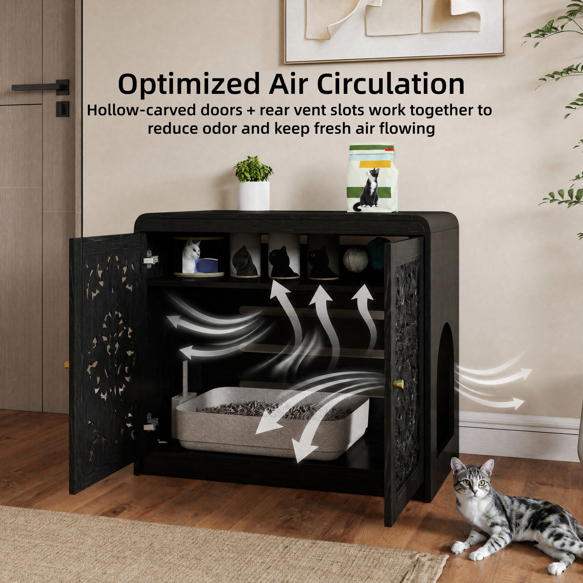 Black Hollow‑Carved Cat Litter Box Enclosure Cabinet, Multi‑Purpose Sideboard with Vent & Large Cat Entry for Living Room & Entryway. Note: Litter box and cat mat not included.