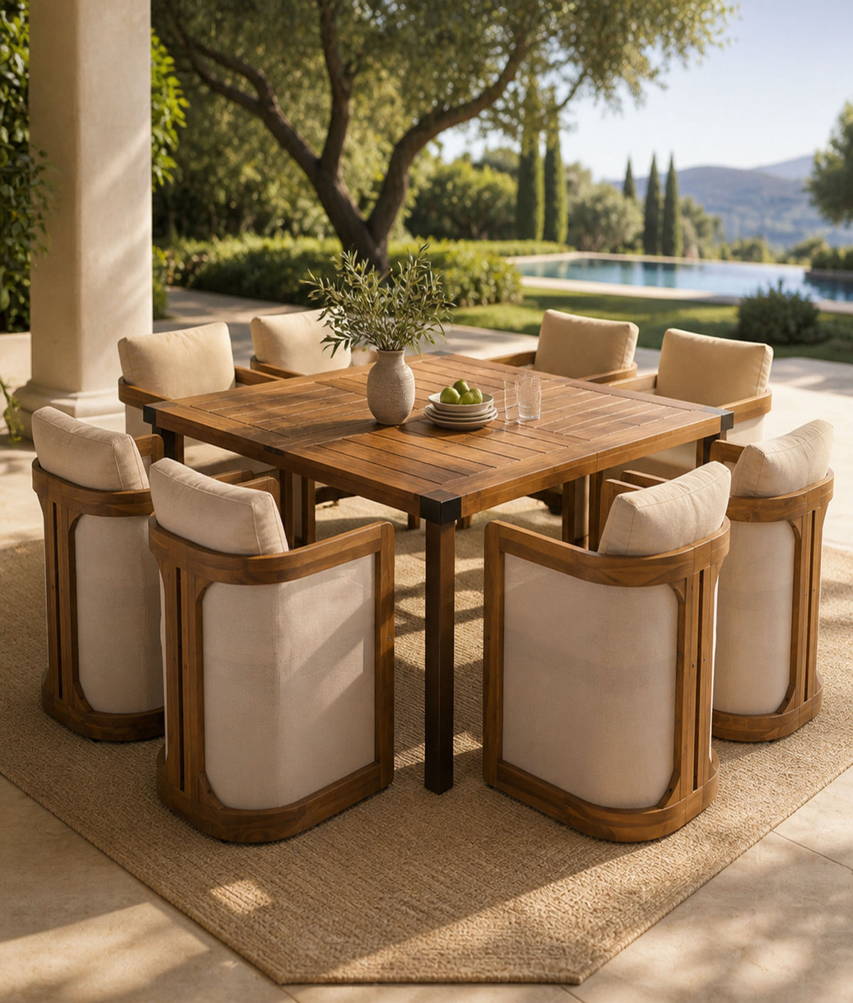 9-Piece Outdoor Patio Dining Set, 64" Square Acacia Wood Table with 8 Armchairs, Teak