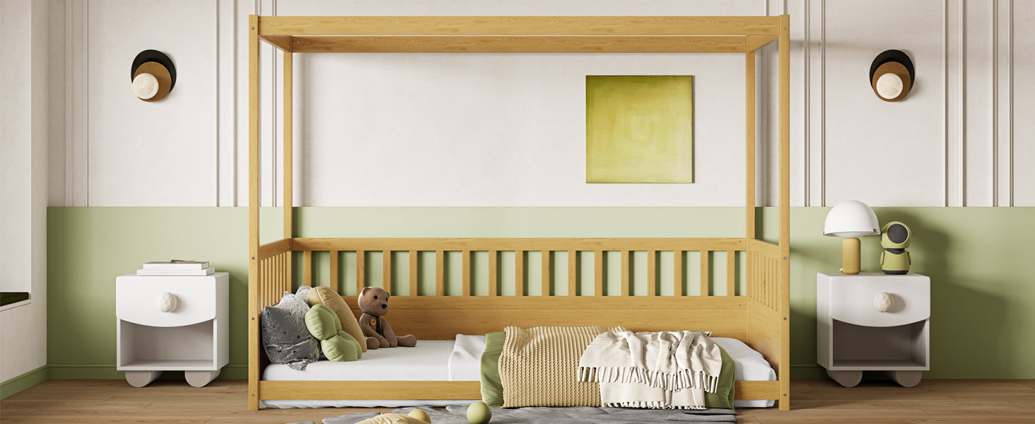 Twin Size Canopy Bed Frame with Guardrails for Kids