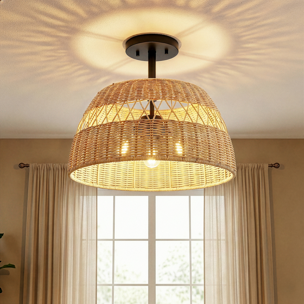 Twinkle Double Lights Semi Flush with Rattan Shade