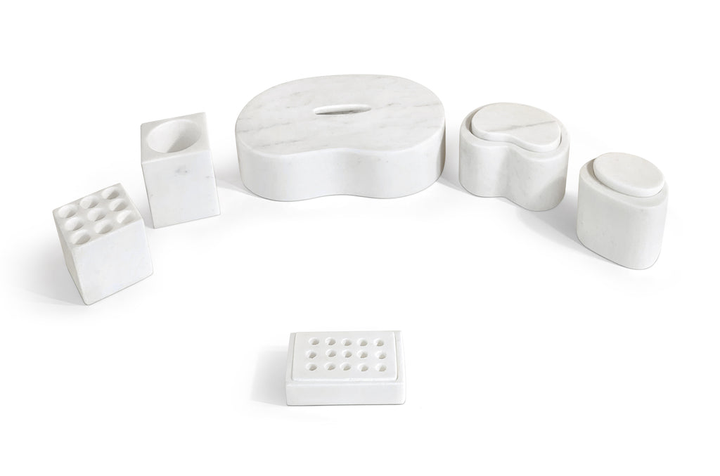 White Natural Marble 6-Piece Bathroom Accessories Set, Honed Finish