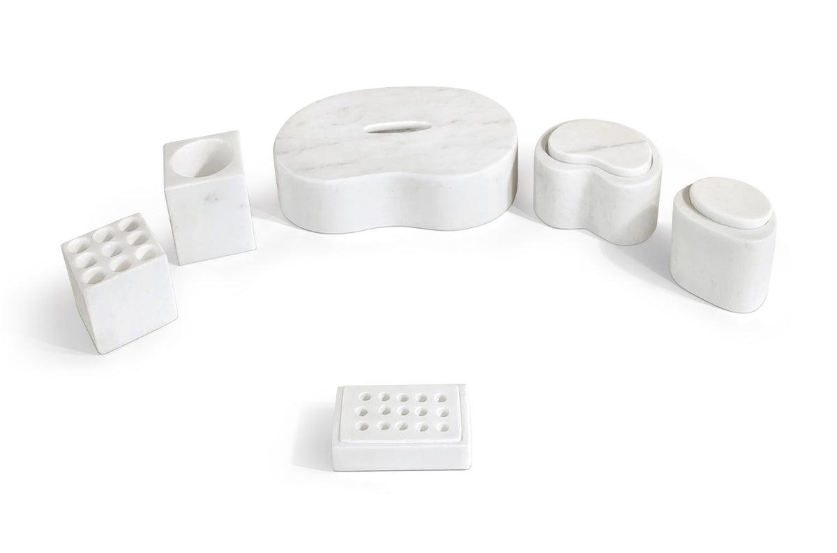 White Natural Marble 6-Piece Bathroom Accessories Set, Honed Finish
