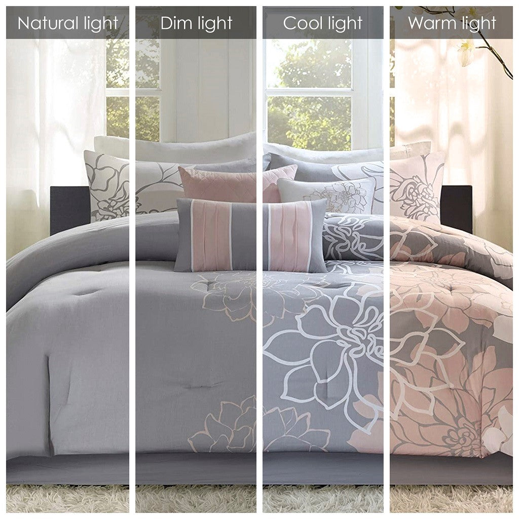 Printed Cotton Sateen Comforter Set - Grey/Peach - Cal King