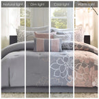Printed Cotton Sateen Comforter Set - Grey/Peach - Cal King