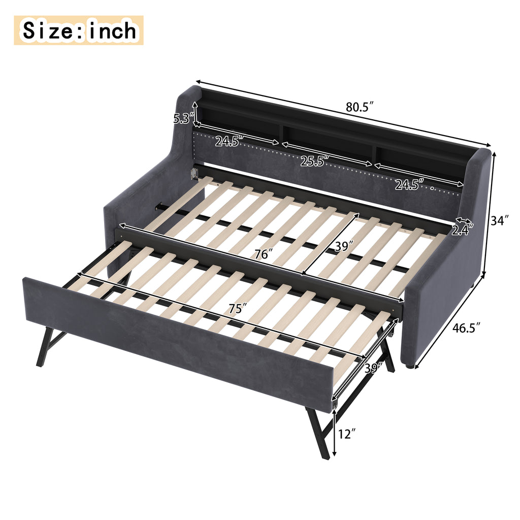 Twin Size Daybed with Trundle, Upholstery Daybed with LED Light & Charging Station