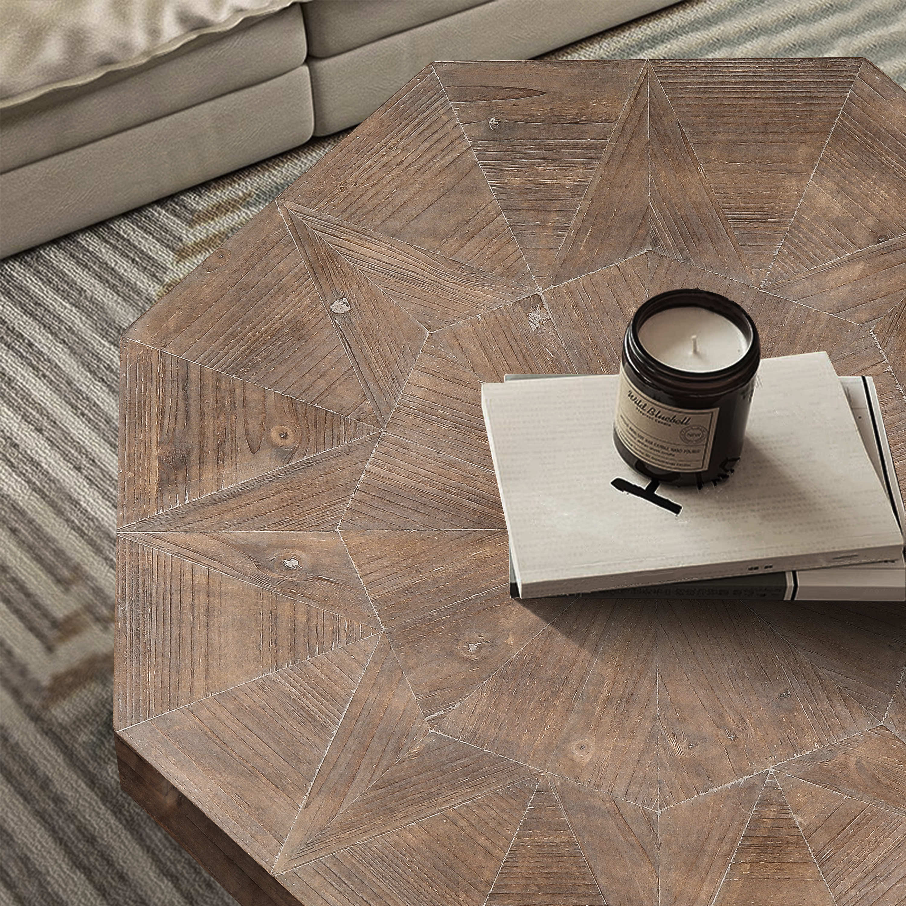 Wood Octagonal Vintage Patchwork Craft Farmhouse Coffee Table