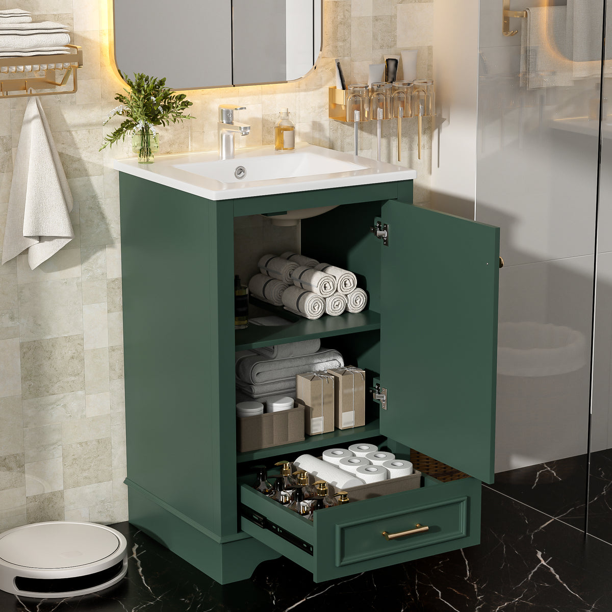 20-Inch Bathroom Vanity with Ceramic Sink, One Drawer, Green