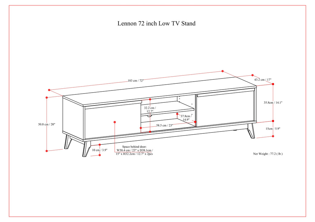 Lennon 72 Inch Wide Solid Wood Low TV Stand