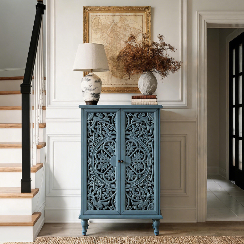 Farmhouse Accent Storage Cabinet, 2-Door Hollow Carved, Antique Blue