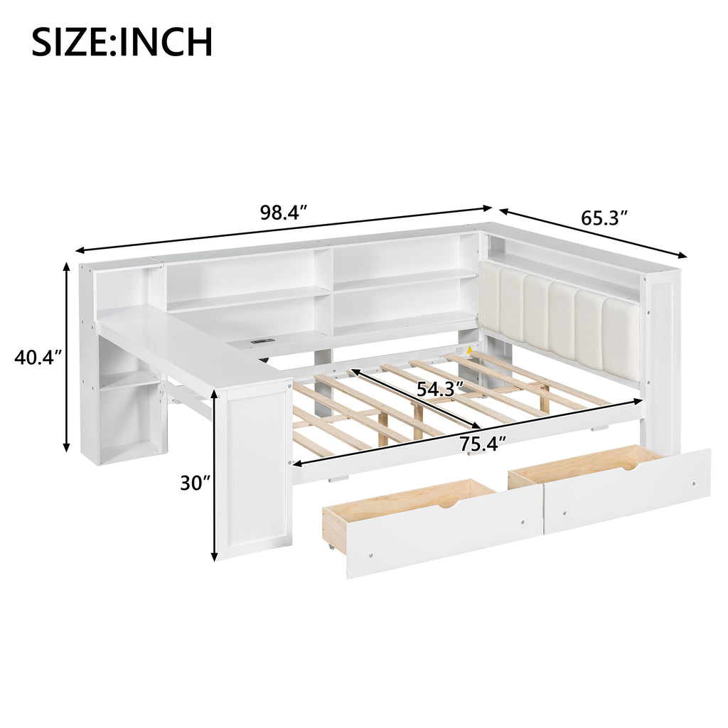 Wood Full Size Platform Bed with Storage Shelves and Charging Station