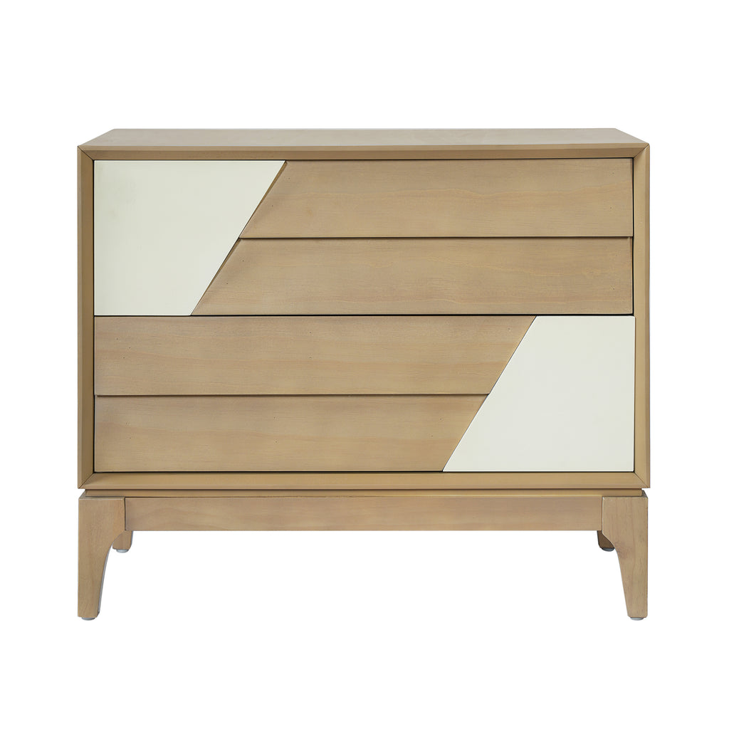 Modern 2-Drawer Nightstand, Japandi Style with Geometric Patchwork, Natural