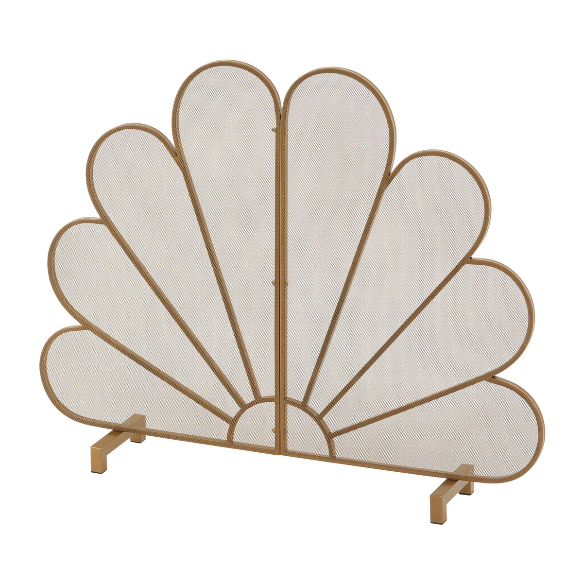 Gold Fan‑Shaped Peacock Design Freestanding Fireplace Screen, 2‑Panel Decorative Metal Mesh Spark Barrier for Home Indoor Fireplaces