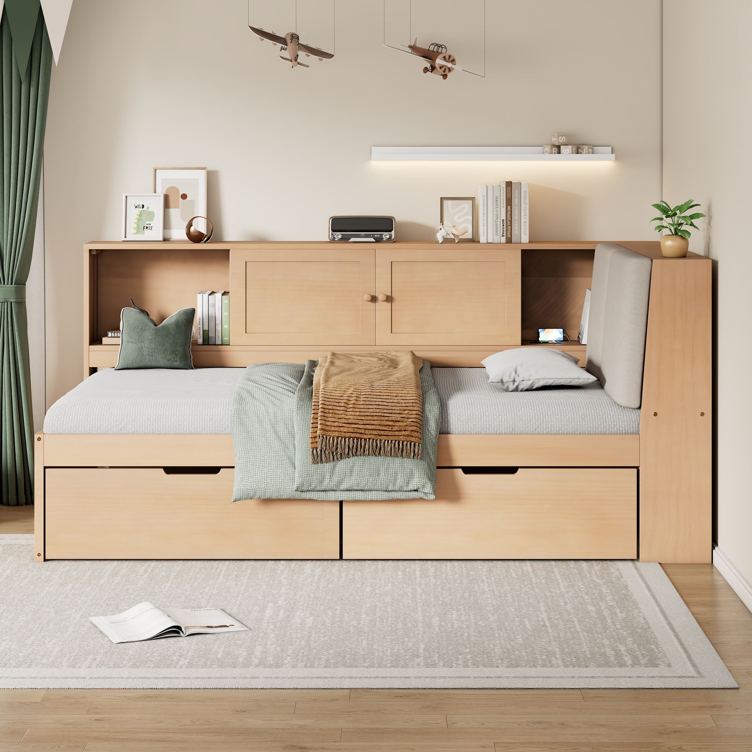 Wooden Twin Size L-shaped Daybed with Storage Bookcase
