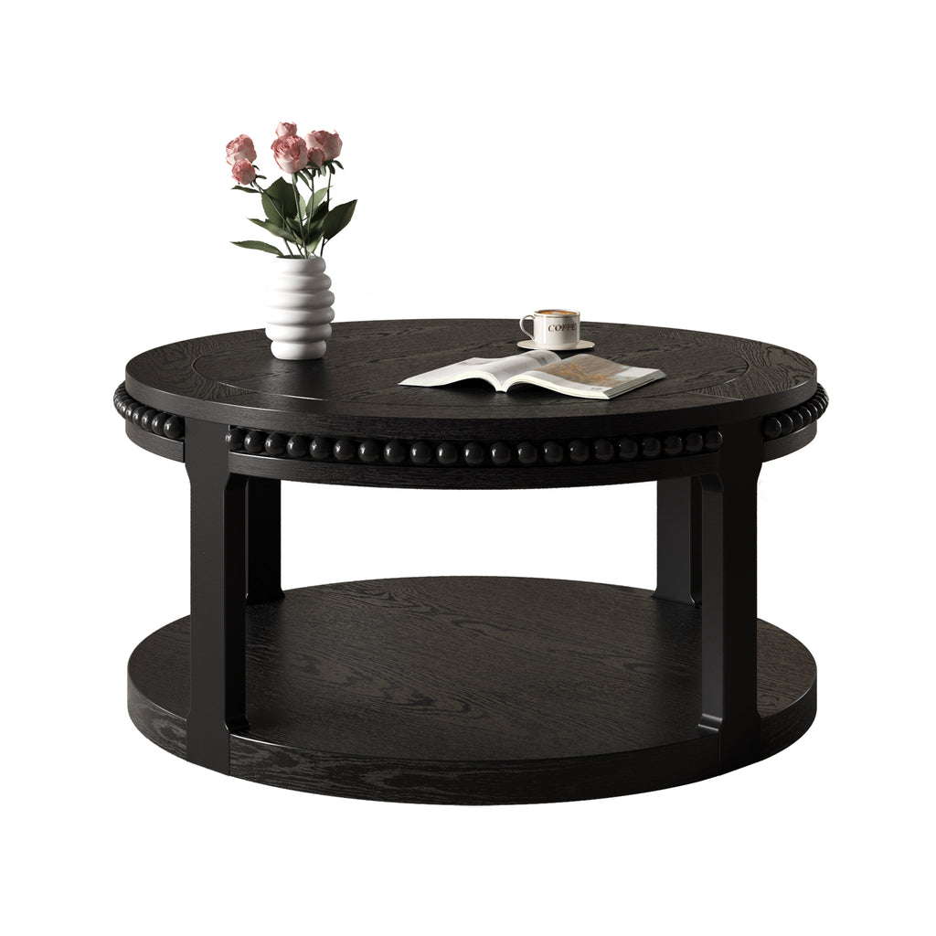 31.5-Inch Round Solid Wood Coffee Table, Two-Tier Open Storage, Black