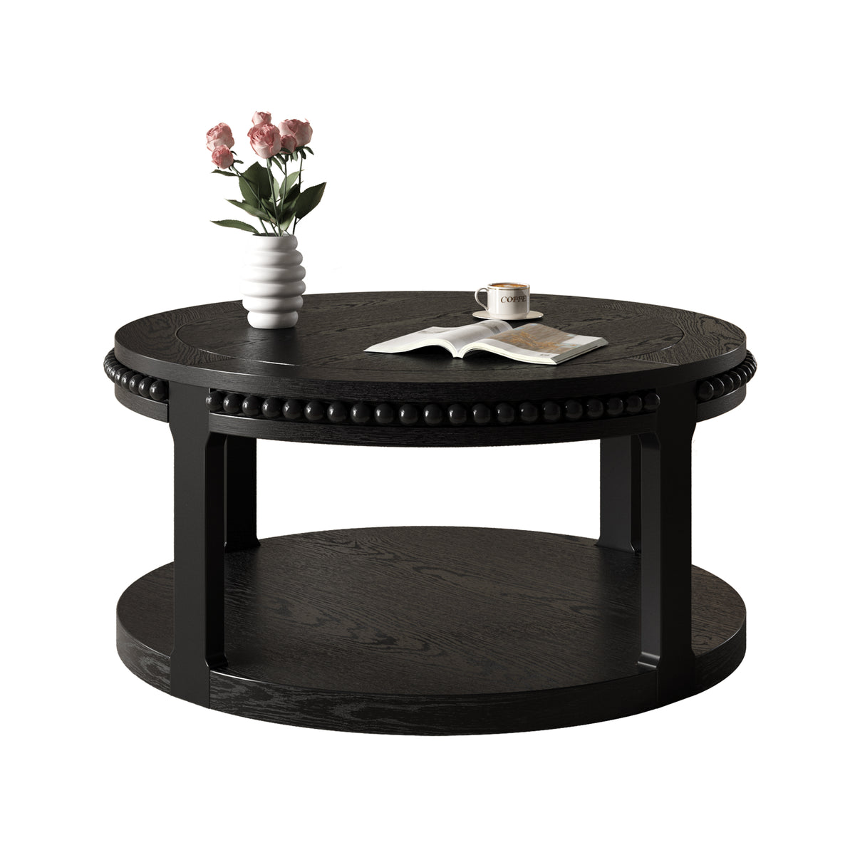 31.5-Inch Round Solid Wood Coffee Table, Two-Tier Open Storage, Black