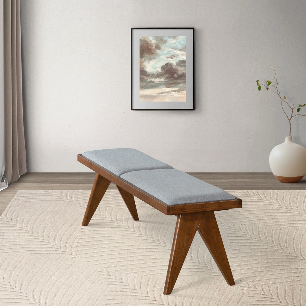 Keira Solid Wood Bench with Grey Fabric