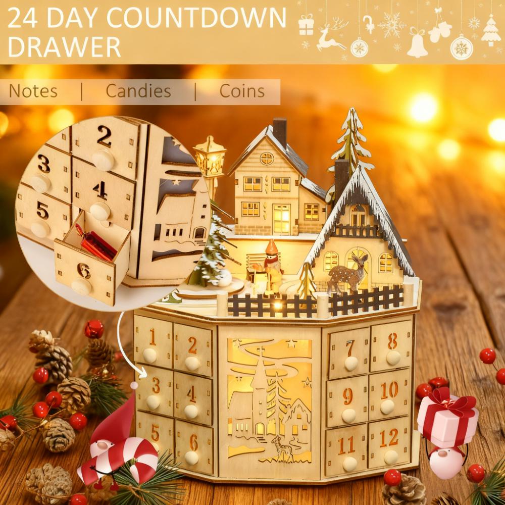 Wooden Christmas Advent Calendar with Village Scene and 24 Drawers, Natural