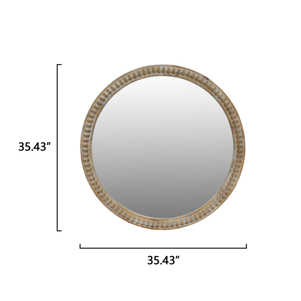 Round Decorative Wall Mirror, 35.43 Inches, Distressed Wood Beaded Frame, Natural Wood