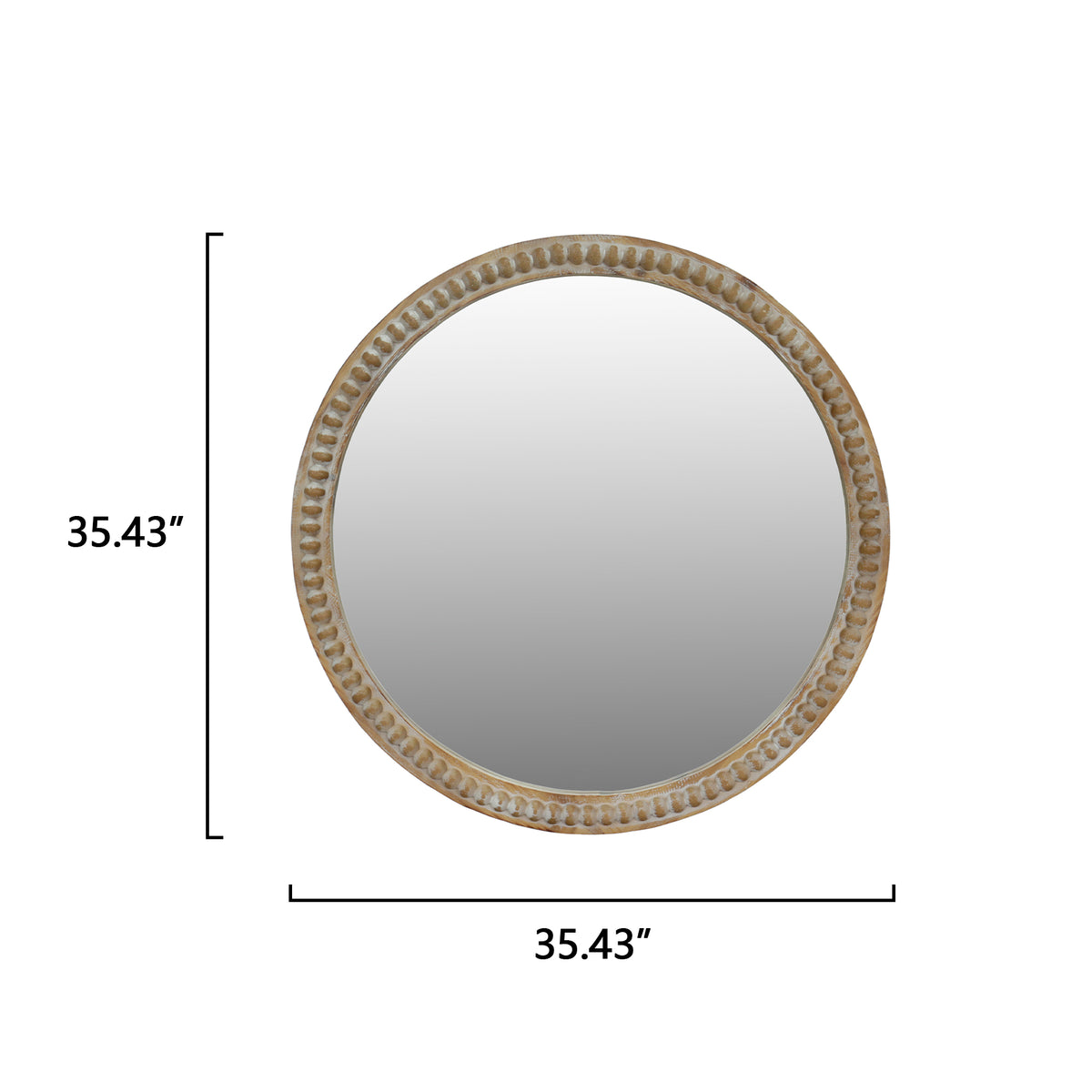 Round Decorative Wall Mirror, 35.43 Inches, Distressed Wood Beaded Frame, Natural Wood