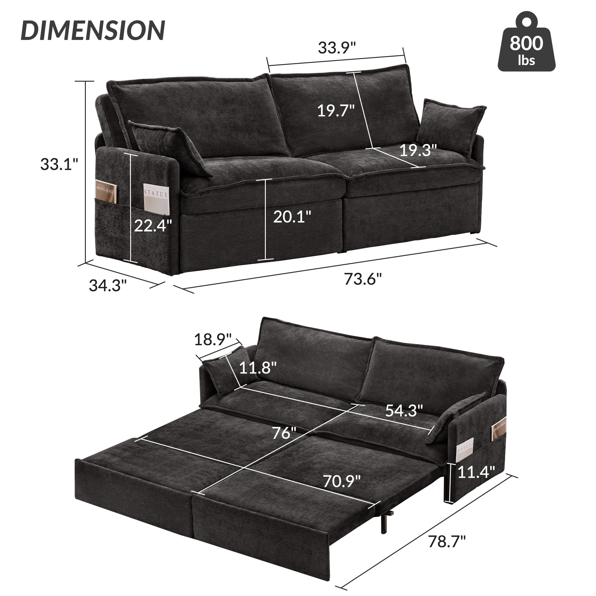 Pull Out Sofa Bed, Convertible Sleeper Sofa Couch, Side Storage, and USB / C - Type Charging Ports Chair