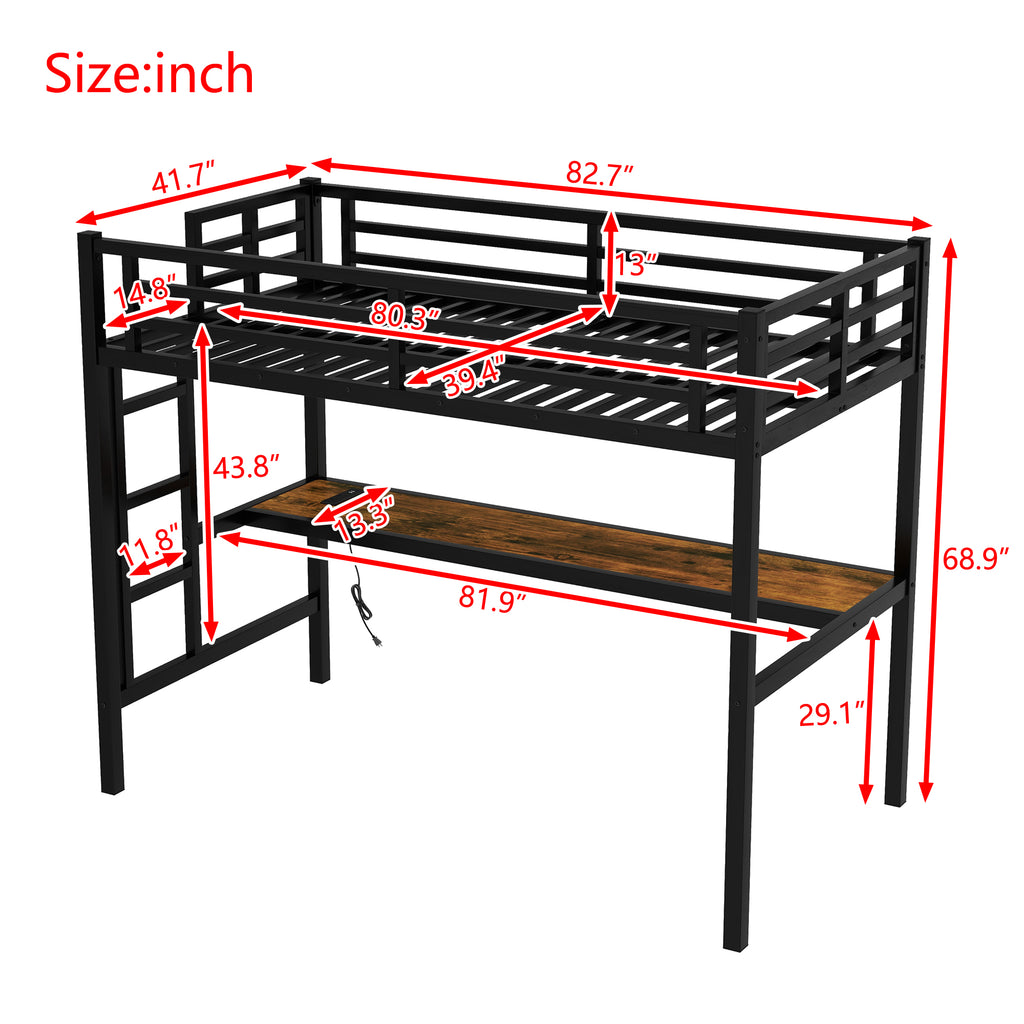 Metal Twin XL Loft Bed with Power Outlet and LED Light