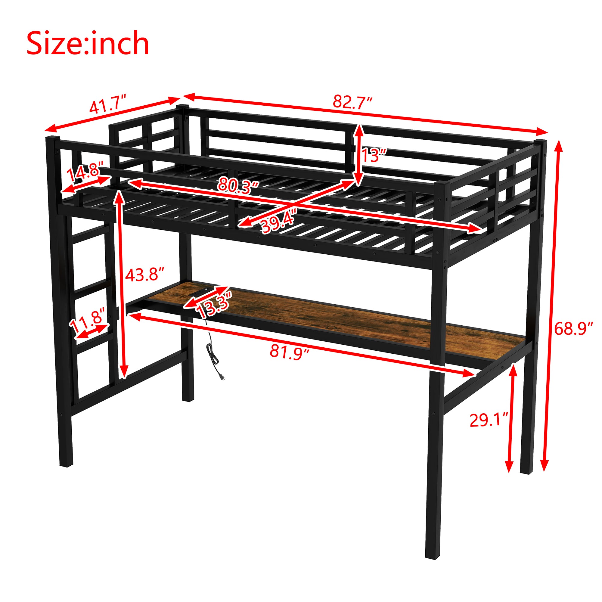 Metal Twin XL Loft Bed with Power Outlet and LED Light