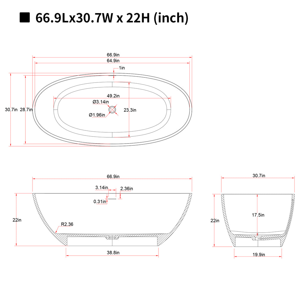 67'' Freestanding Bathtub Resin Stone Soaking Bathtub