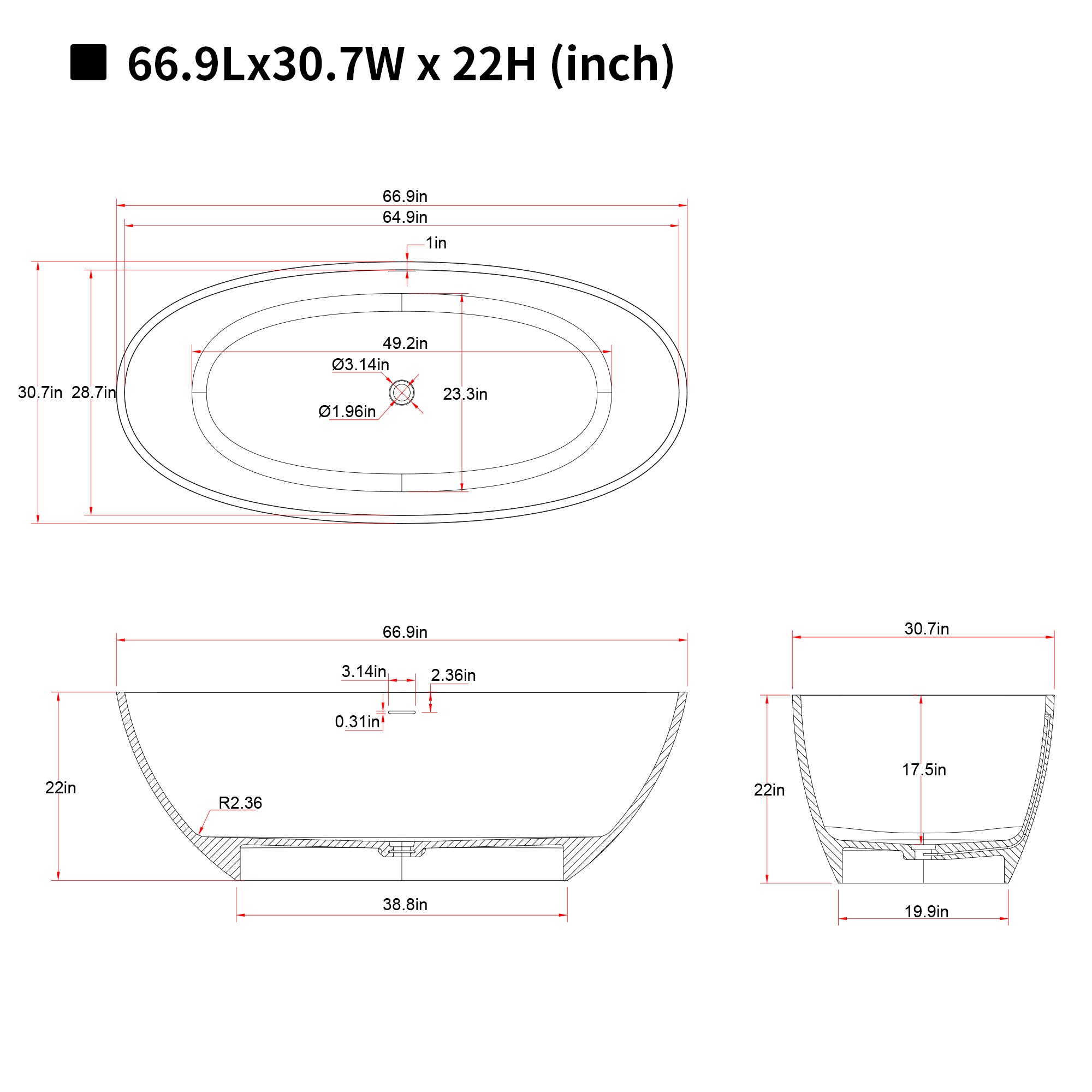 67'' Freestanding Bathtub Resin Stone Soaking Bathtub