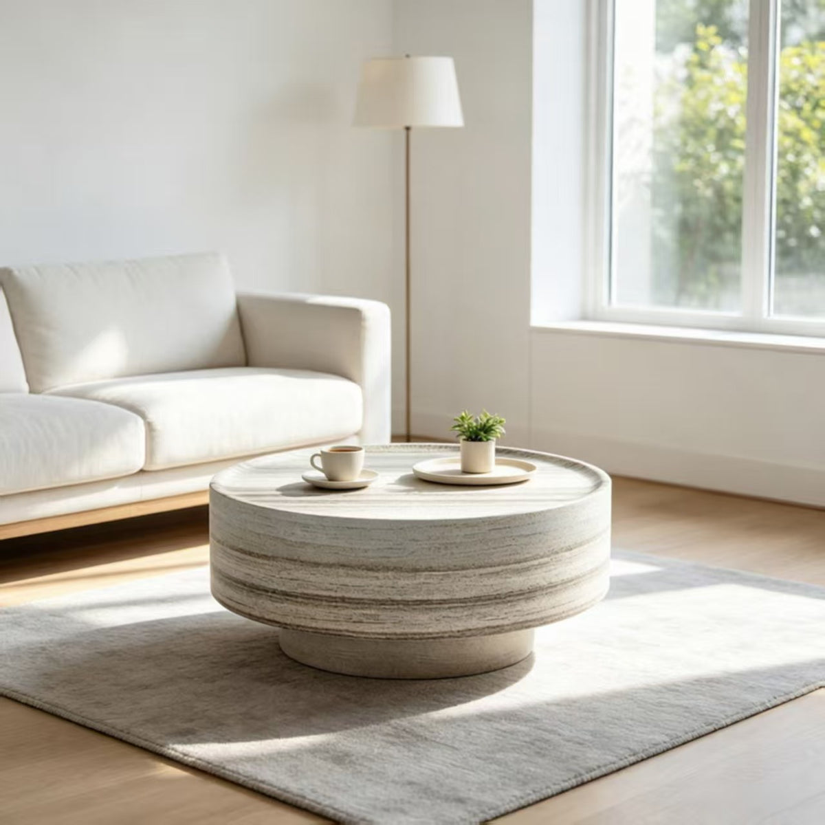 Round 31.5" Coffee Table, Light Gray Fiberglass with Stone Texture