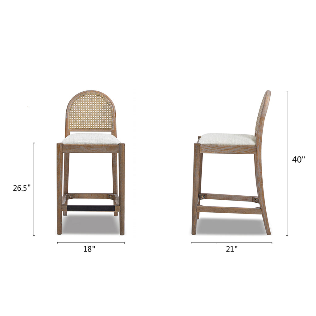 Panama 26.5" Curved Back Cane Rattan Counter Stool, Set of 2, Two-Tone Neutral
