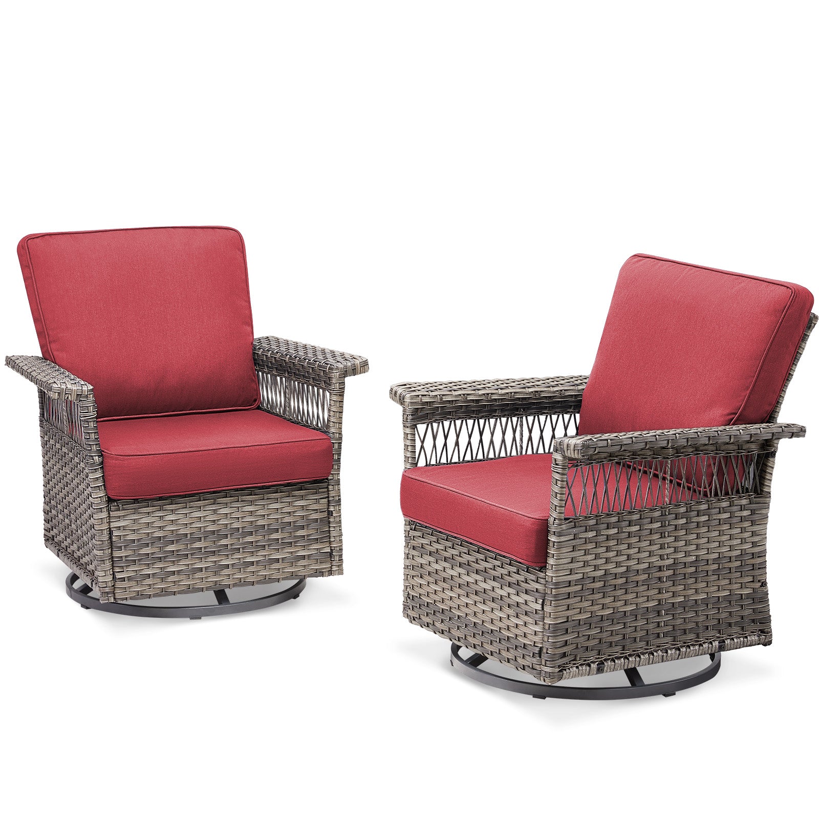 2 Piece Swivel Rocker Patio Chairs Set with 5-Inch Armrest and Thick Cushion, Gray/Red